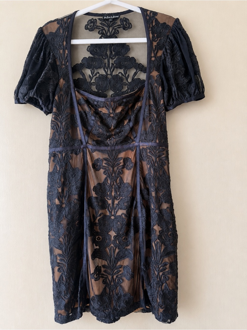 For Love & Lemons Black Lace Mesh Mini Dress Puff Sleeve Nude Lining Size L